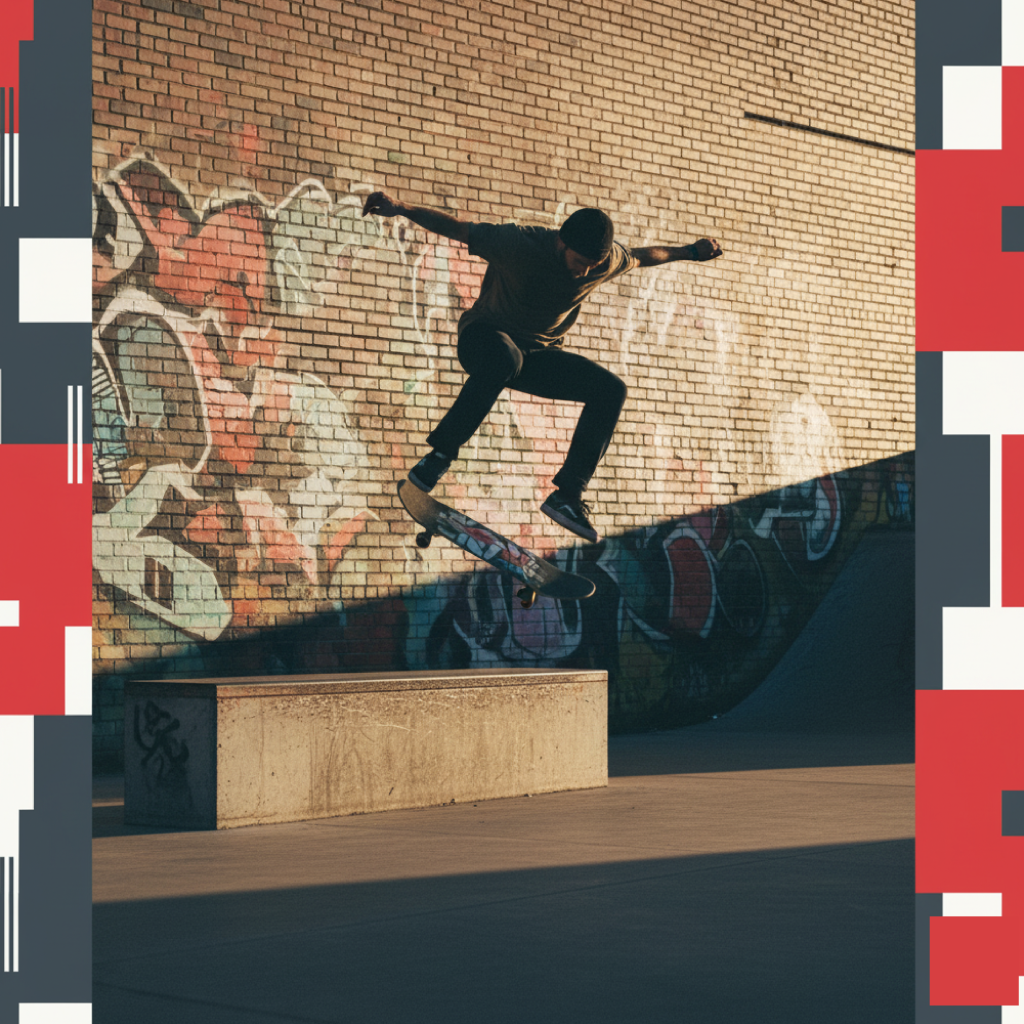 Skateboarder performing an ollie trick in the skatepark — urban street culture photo for DACSEL blog.