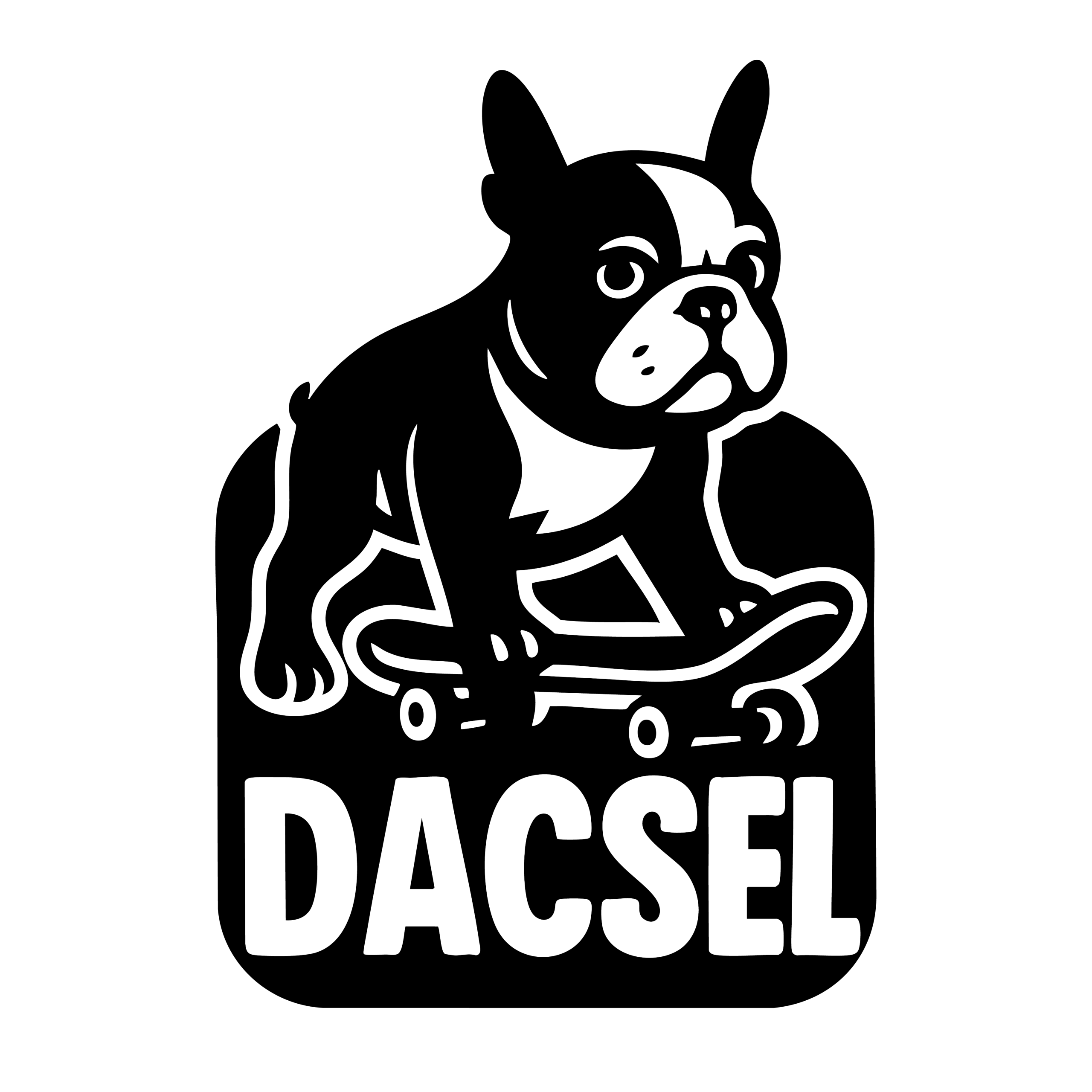 DACSEL logo showing a bulldog riding a skateboard, symbolizing an urban streetwear brand for skaters and youth culture in Europe.